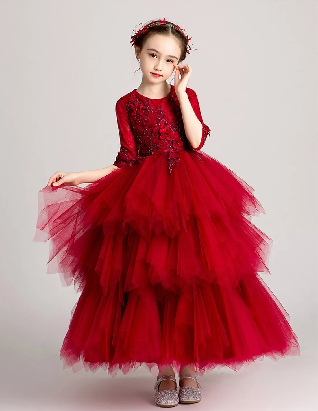 Abito bambina rosso con gonna a balze di tulle