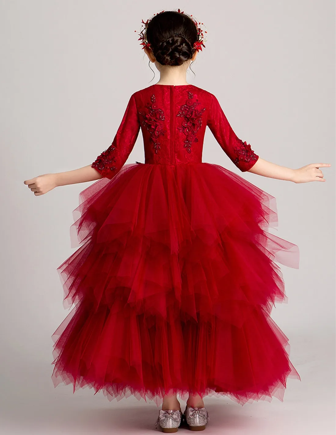 Abito bambina rosso con gonna a balze di tulle