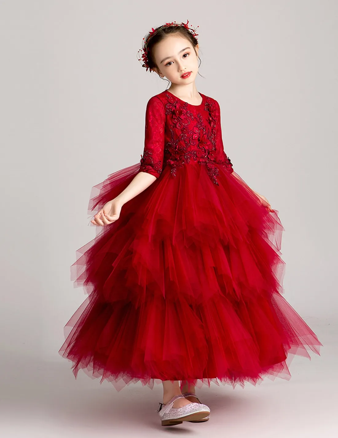 Abito bambina rosso con gonna a balze di tulle