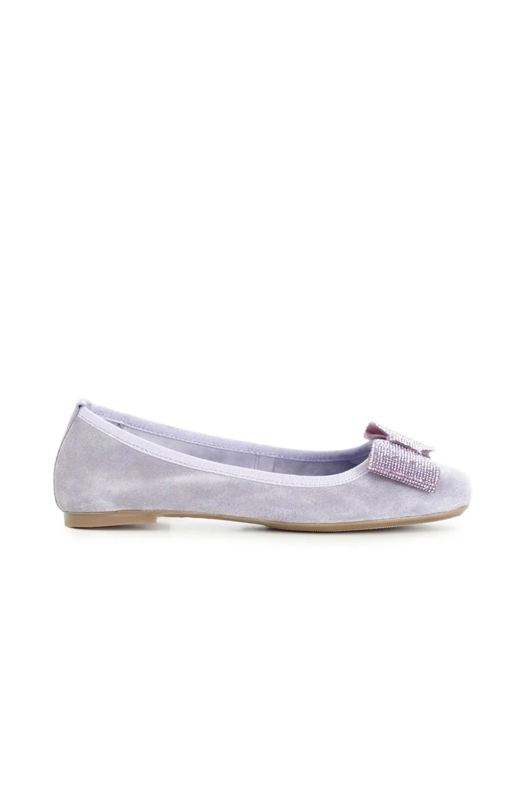 ballerina in pelle scamosciata monocolore con fiocco tempestato di strass glicine