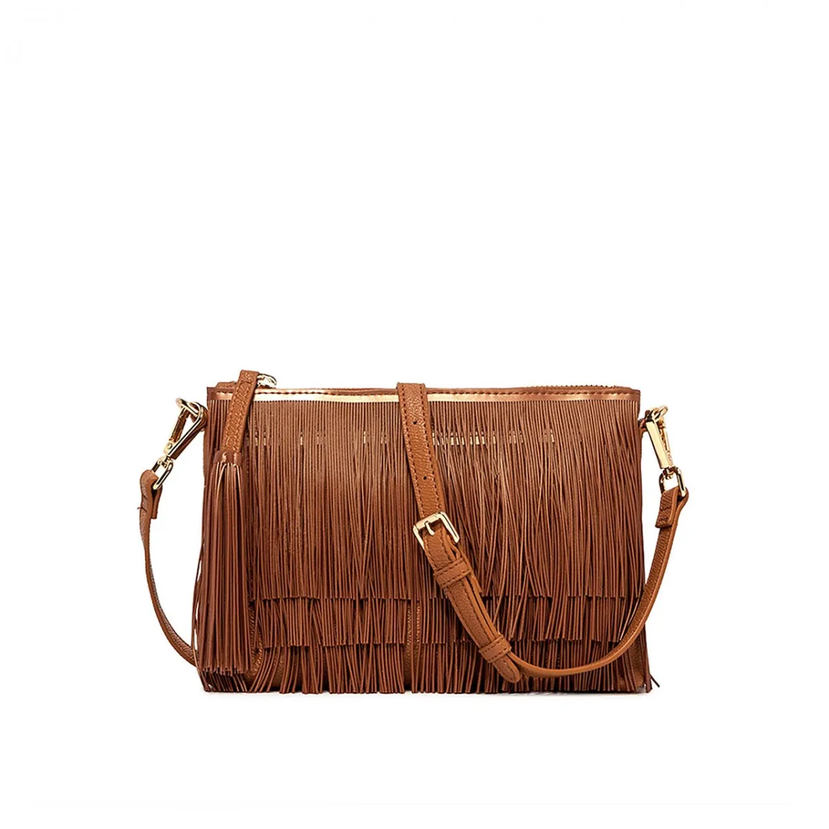 Borsa Clutch Con Frangia, Marrone