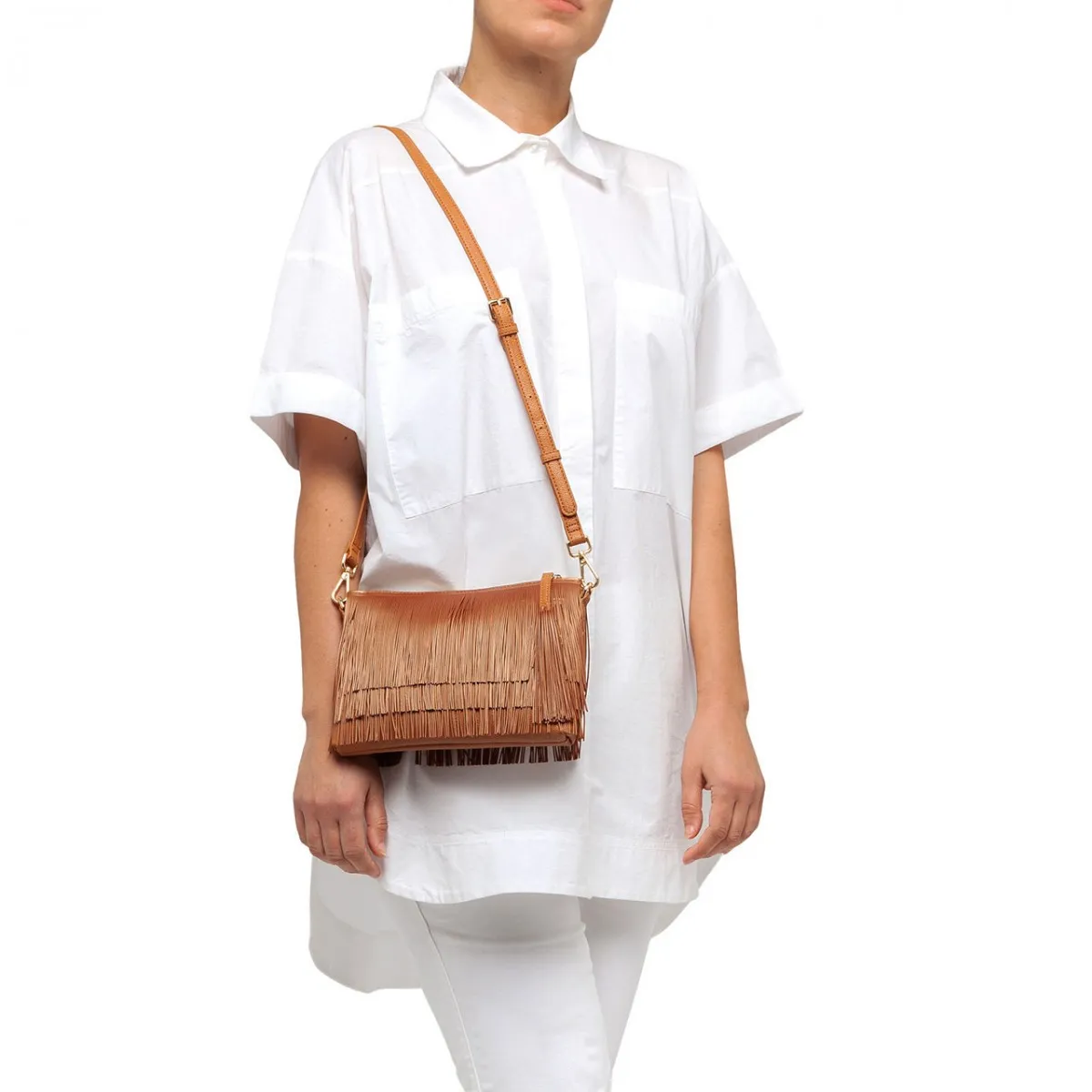 Borsa Clutch Con Frangia, Marrone