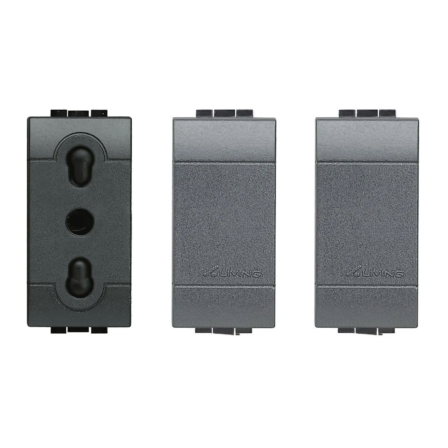 Bticino Set presa bipasso 2P+T 250 Vac, presa 10/16A e 2  falso polo, copriforo tappo interruttore, colore antracite livinglight