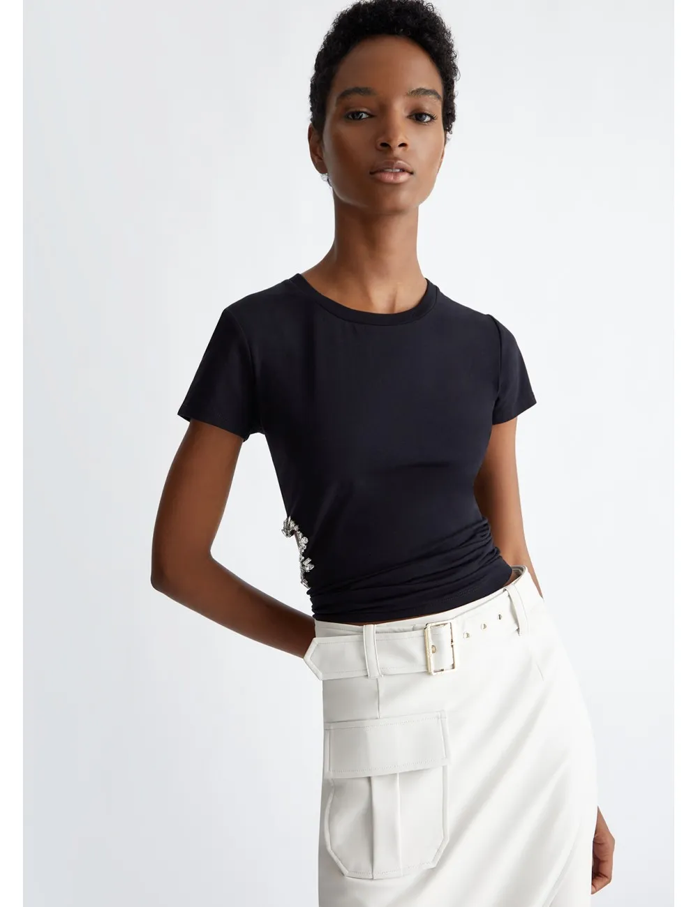 CA4308 T SHIRT DONNA LIU JO CON CUT OUT MAGLIA MAGLIETTA WOMAN GIROCOLLO STRASS