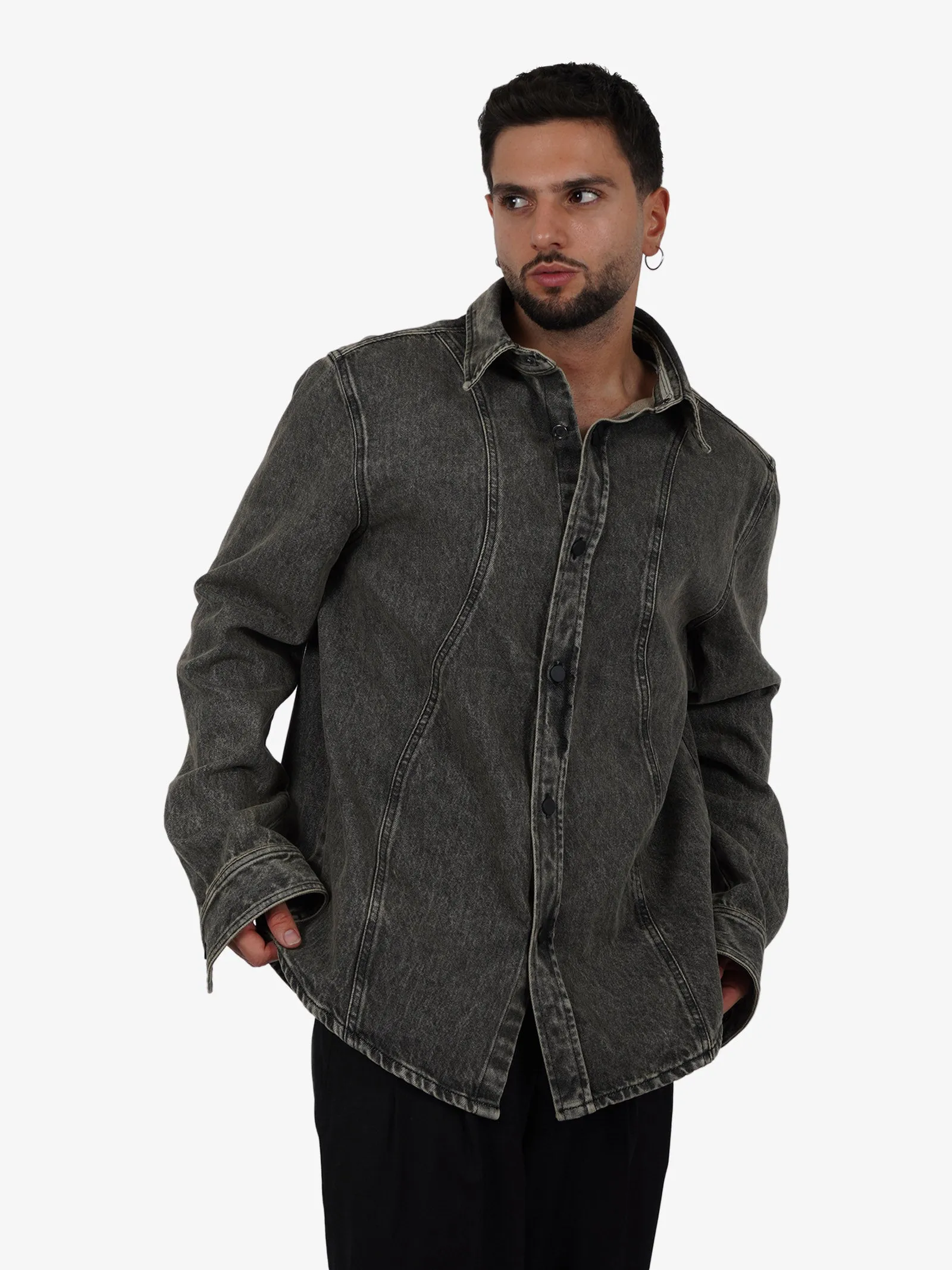 Camicia ampia con impunture uomo cotone nero