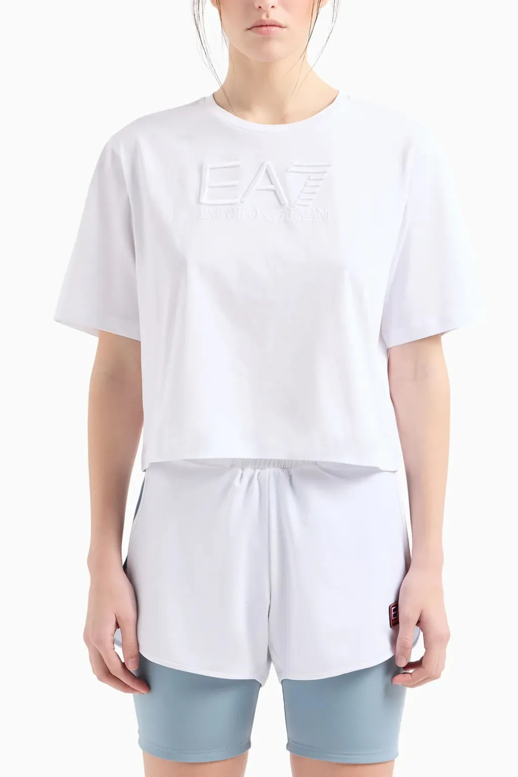EA7 T-SHIRT DONNA GIROCOLLO IN COTONE STRETCH CON LOGO RICAMATO BIANCA 3DTT35