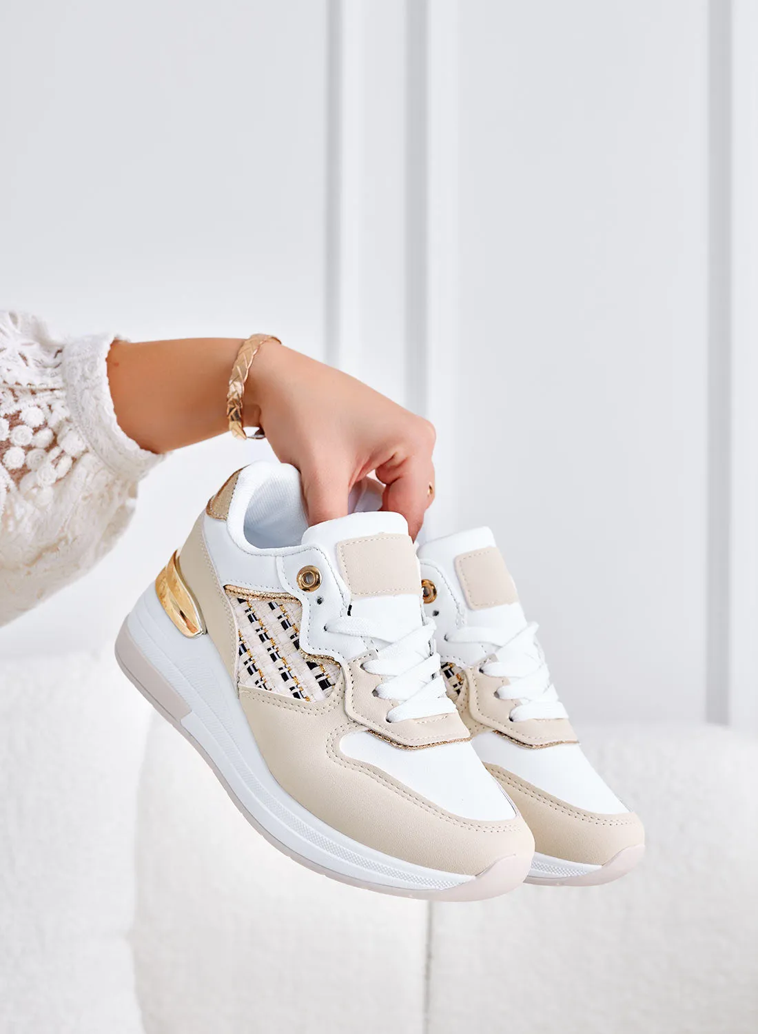 HANNA - Sneakers beige con inserti in tessuto