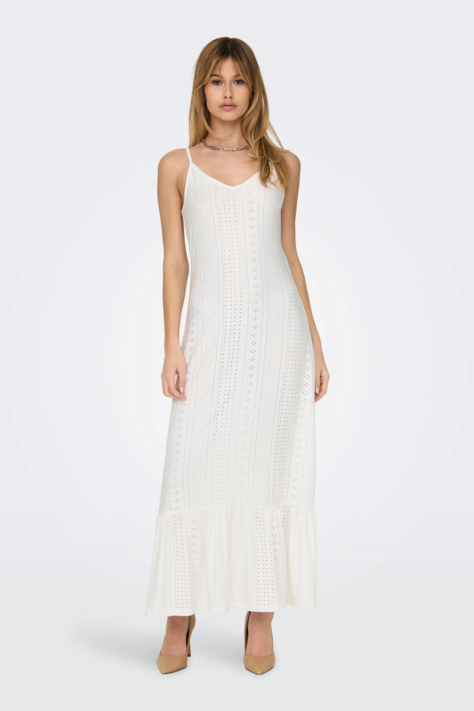 JDY - Abito maxi in jersey e pizzo sangallo con fondo a balze