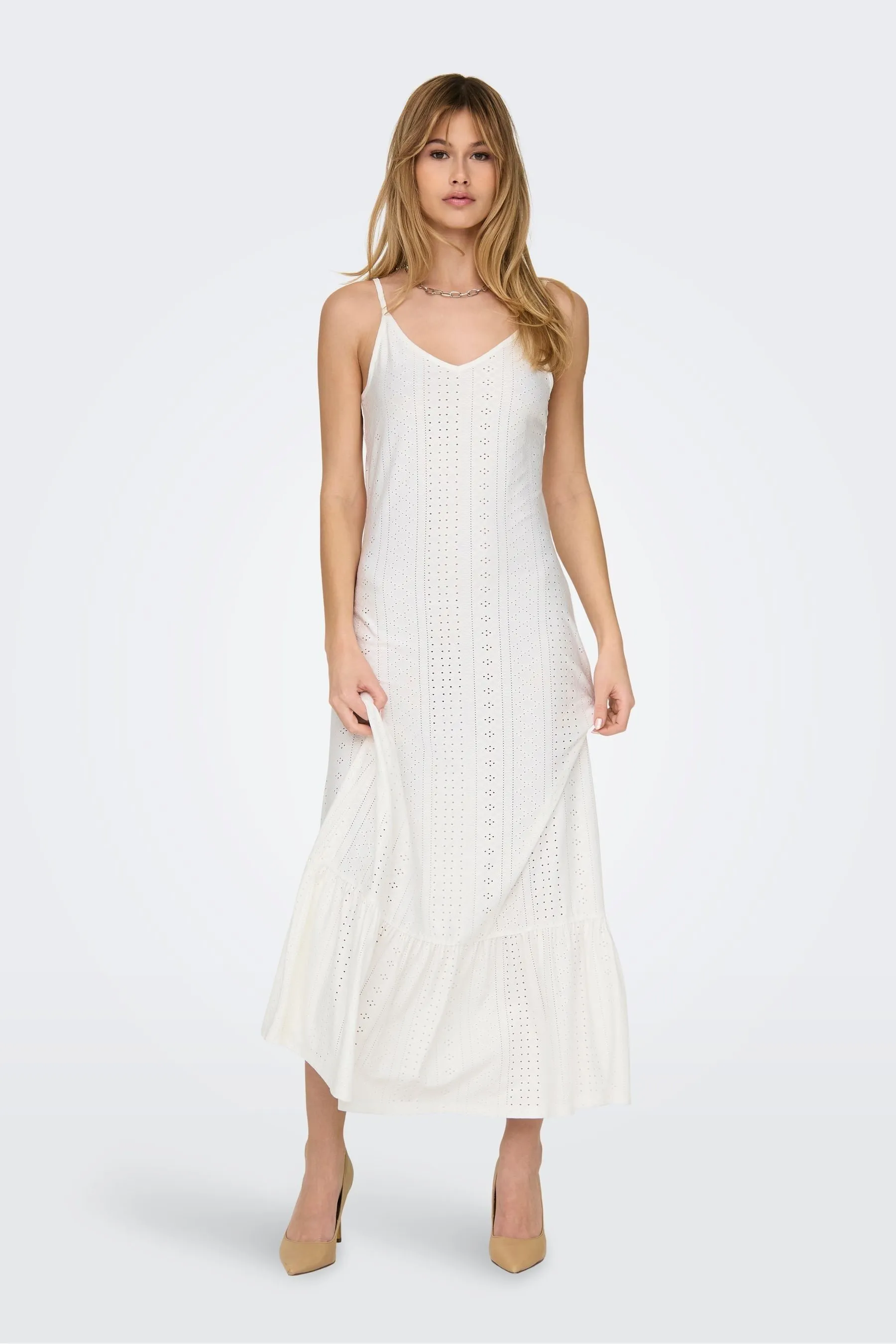 JDY - Abito maxi in jersey e pizzo sangallo con fondo a balze