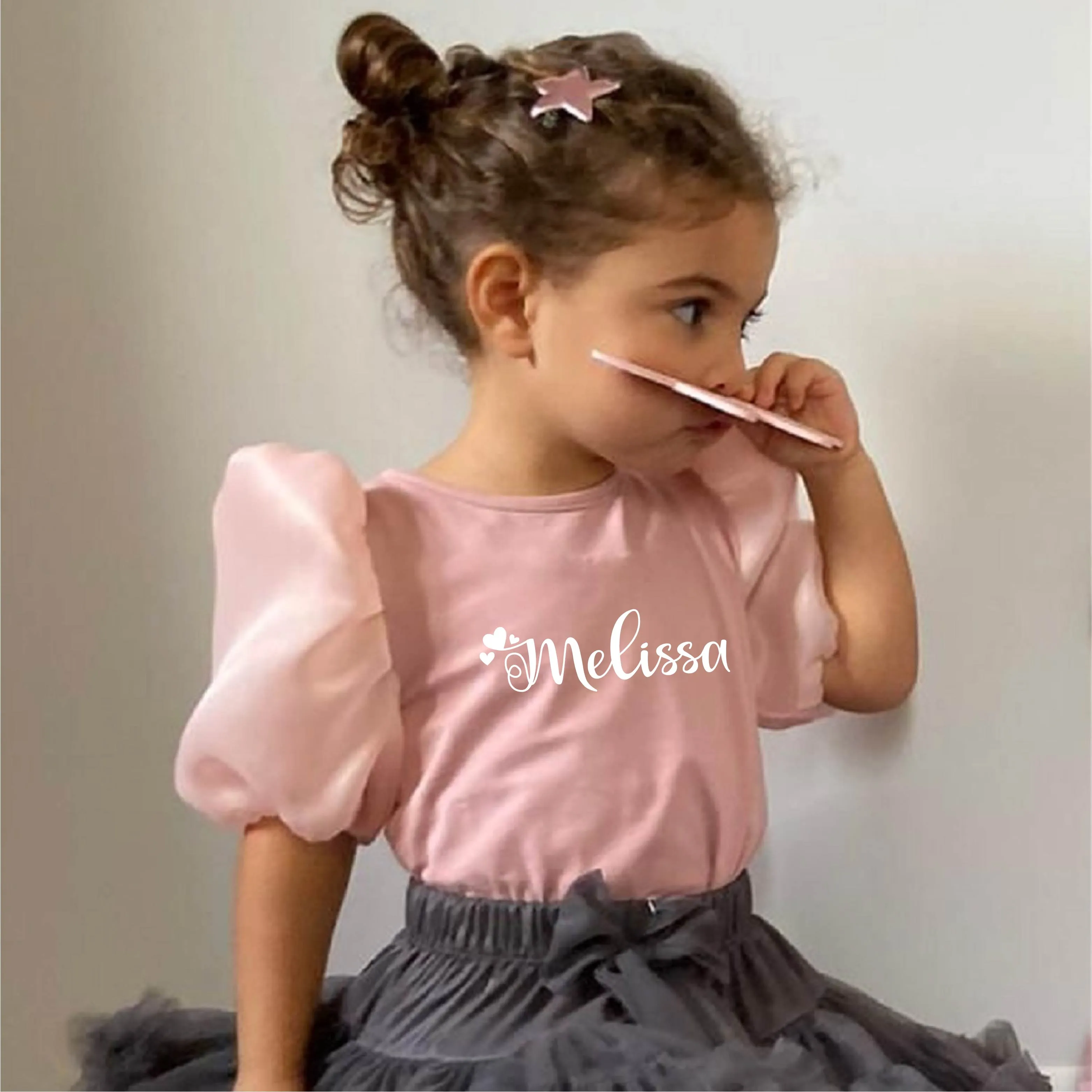 Maglietta in cotone Rosa personalizzabile con maniche in Organza