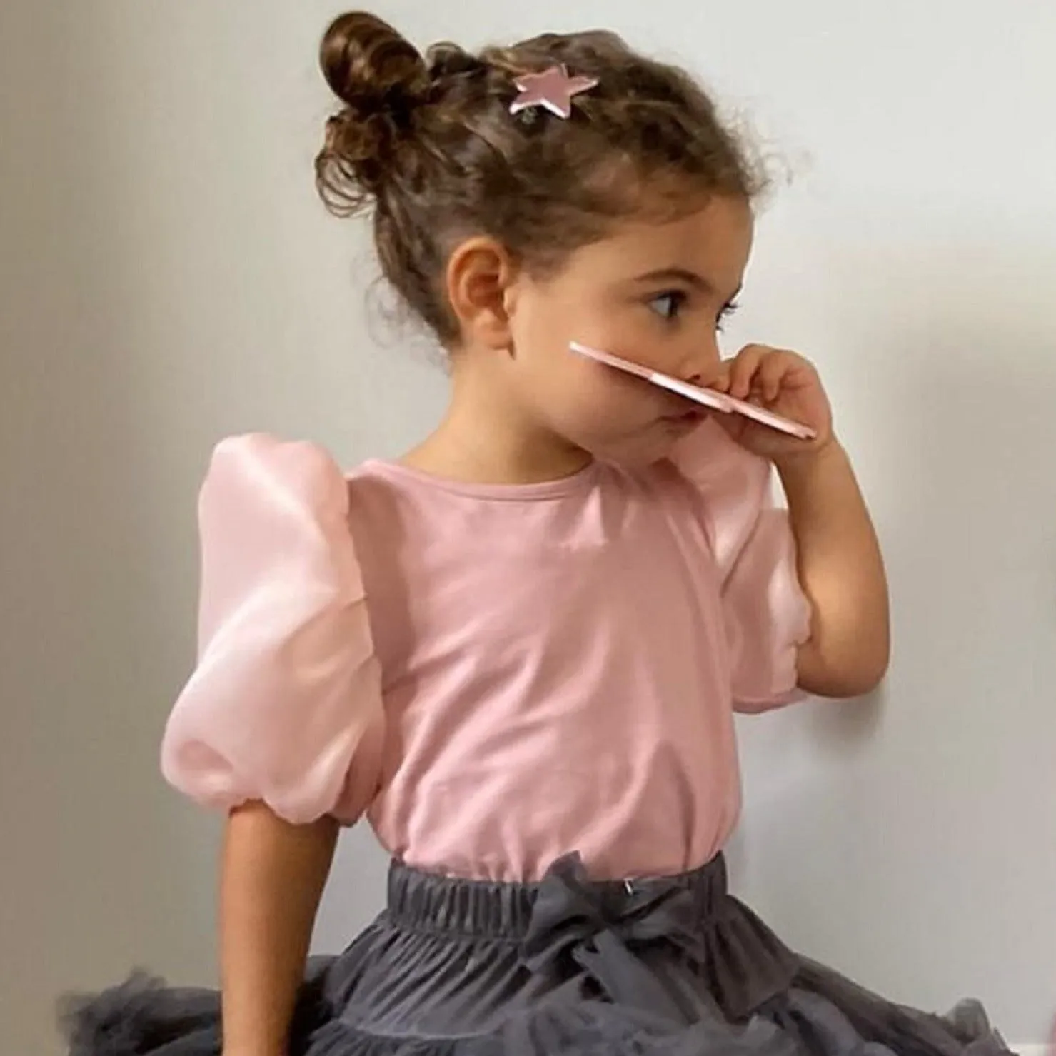 Maglietta in cotone Rosa personalizzabile con maniche in Organza