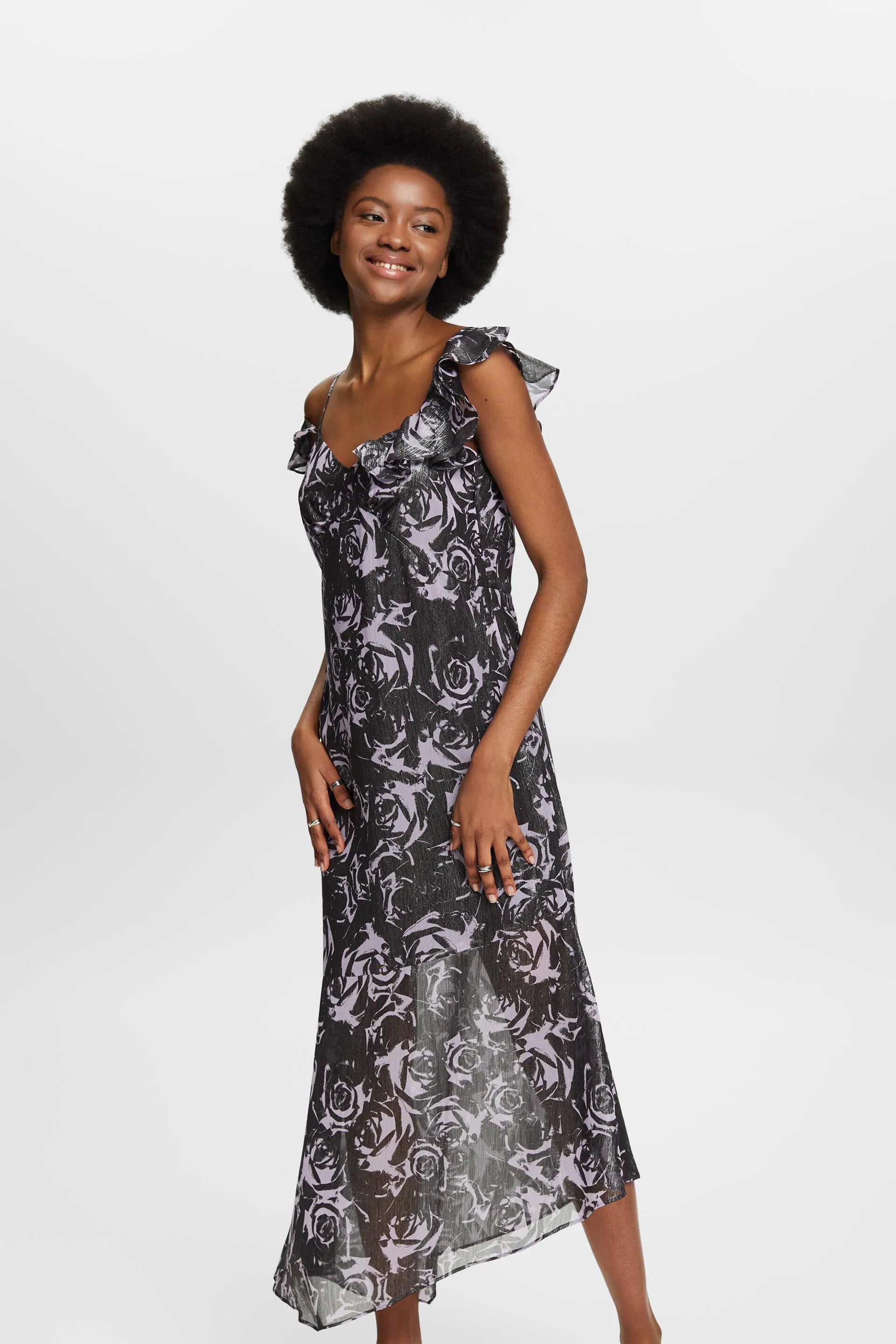 Maxi abito in chiffon stampato con spalle scoperte