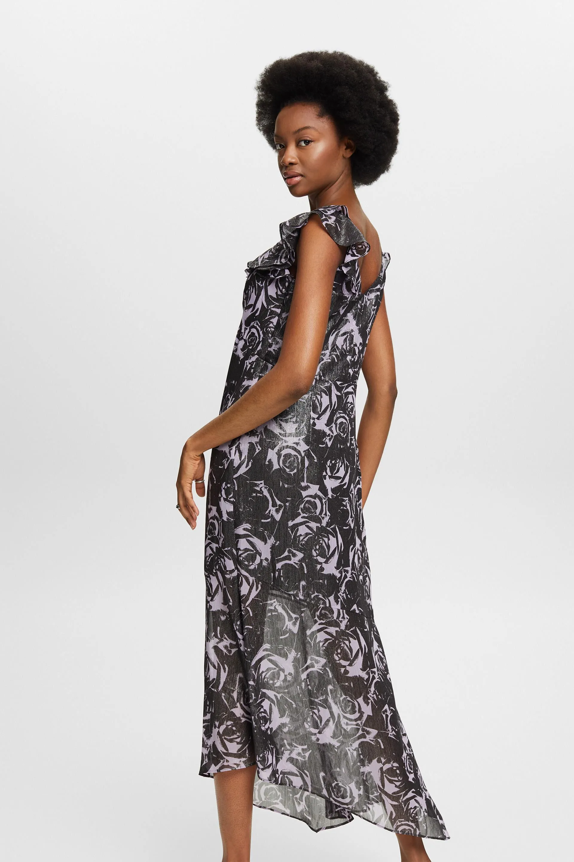 Maxi abito in chiffon stampato con spalle scoperte