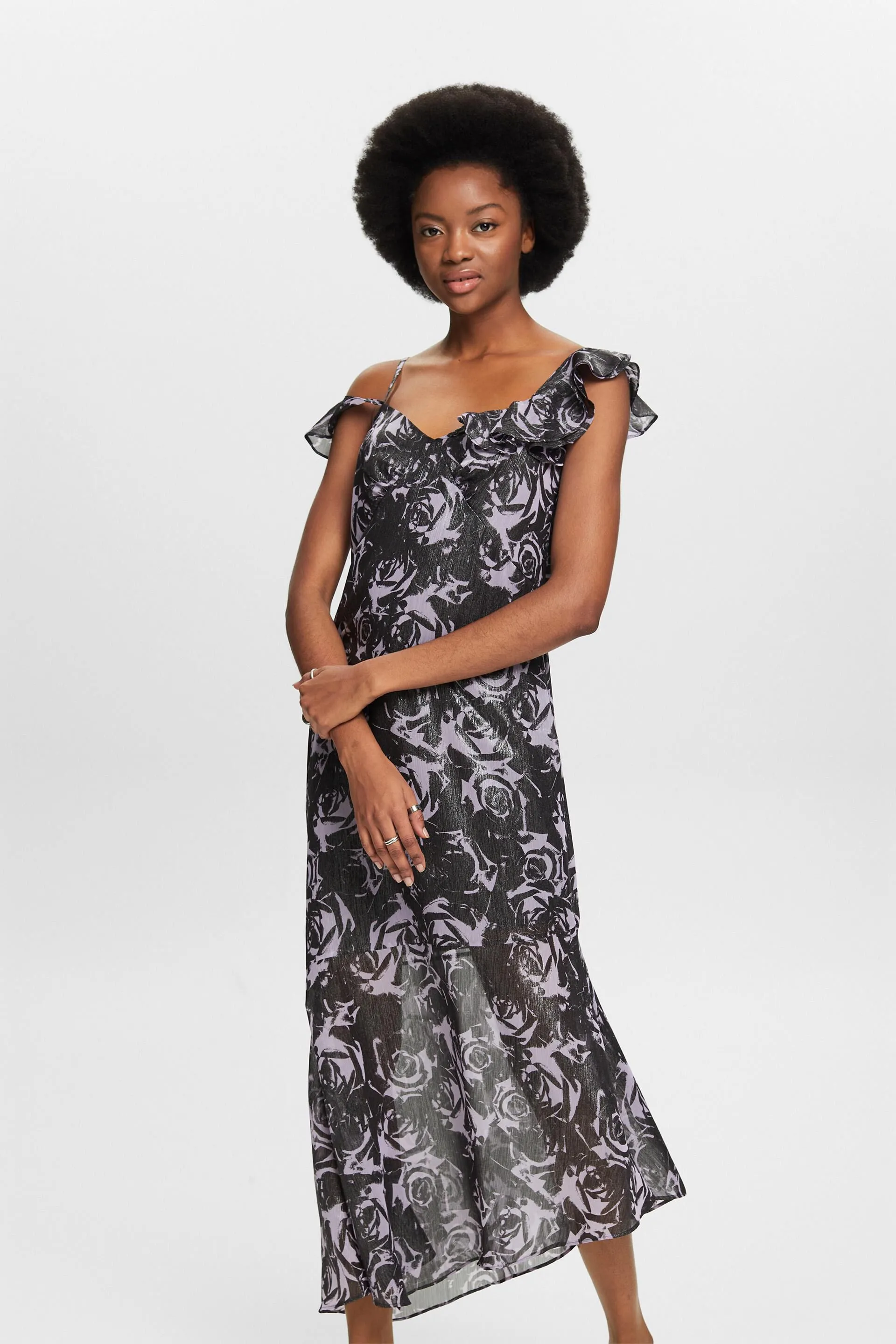Maxi abito in chiffon stampato con spalle scoperte
