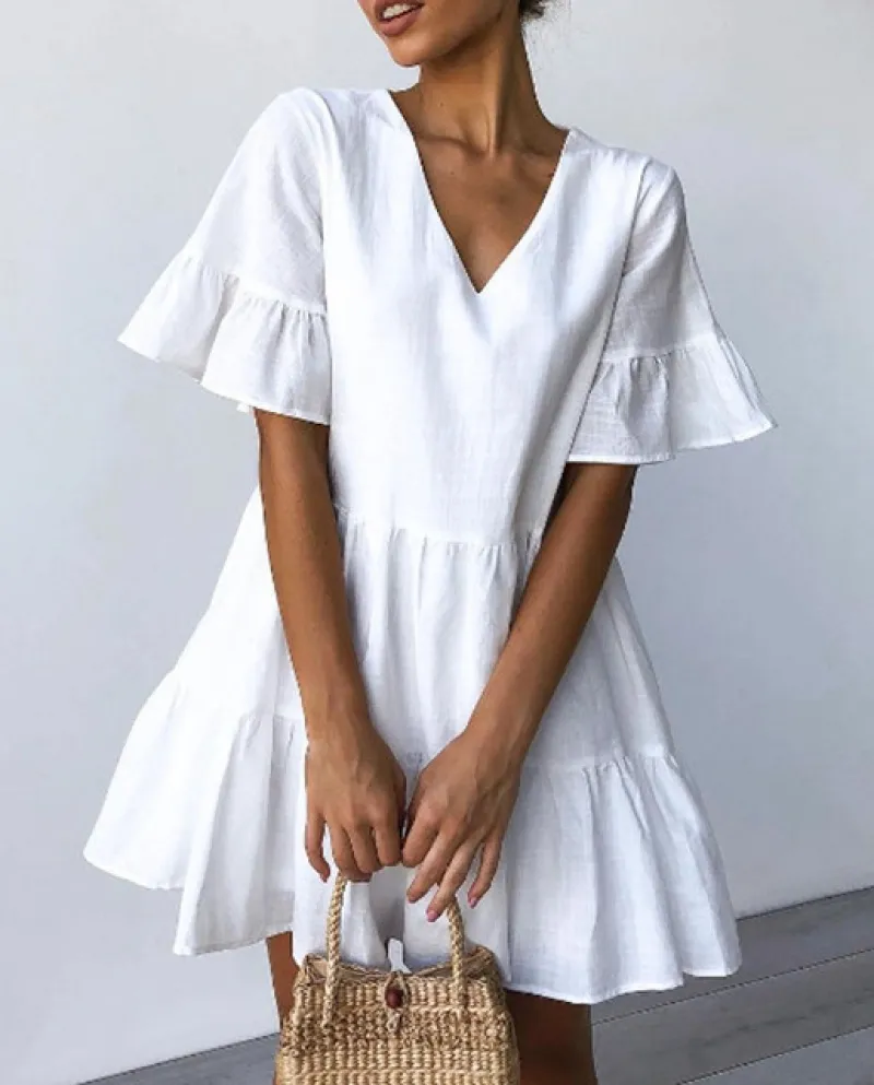 Moda Scollo A V Vestito A Balze Delle Donne di Estate Vestito Estivo 2022 Casual Volant Mini Abiti Femminile Scollo A V Abito Bi