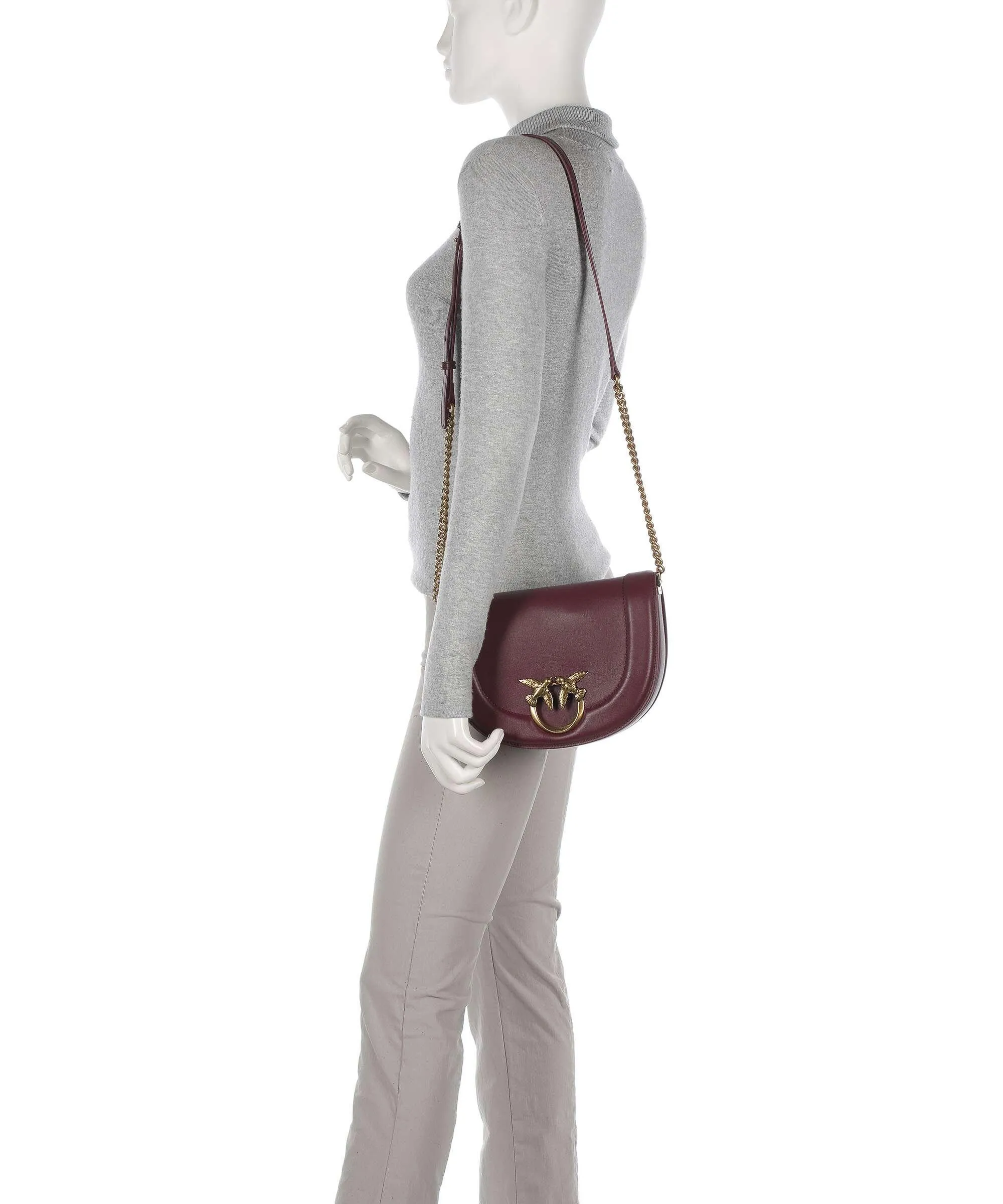 Pinko Love Round Click Classic Borsa a tracolla pelle di vacchetta finemente grana rosso scuro  