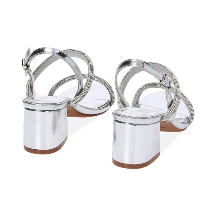 Sandali argento in laminato con pietre, tacco 5,5 cm