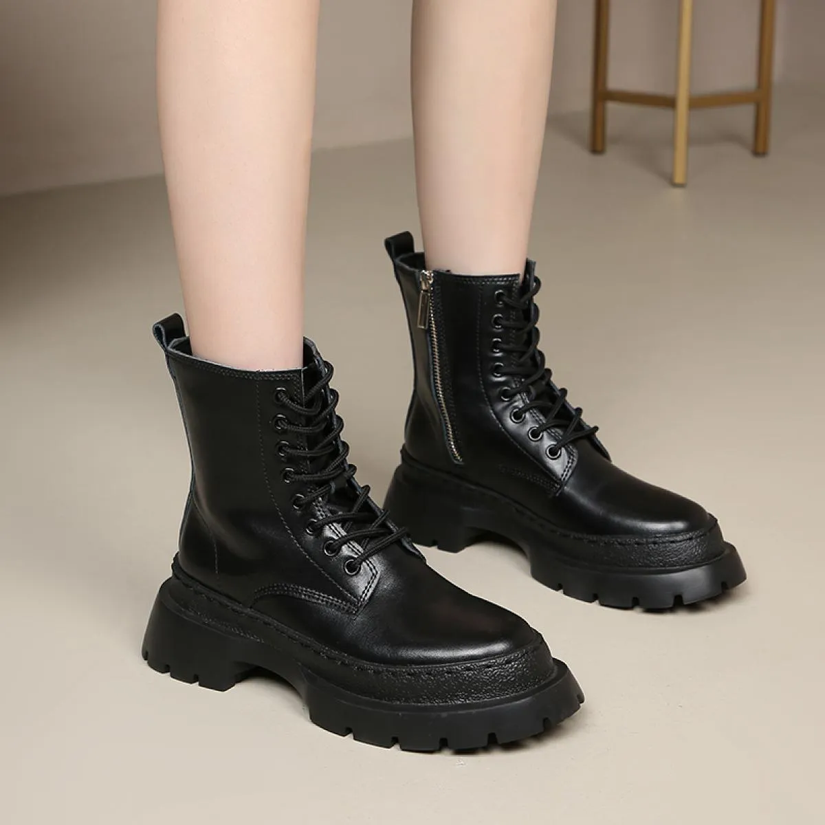 Stivali da moto moda donna stile britannico Scarpe firmate di marca nere Stivale da cowboy con plateau in pelle originale Ank