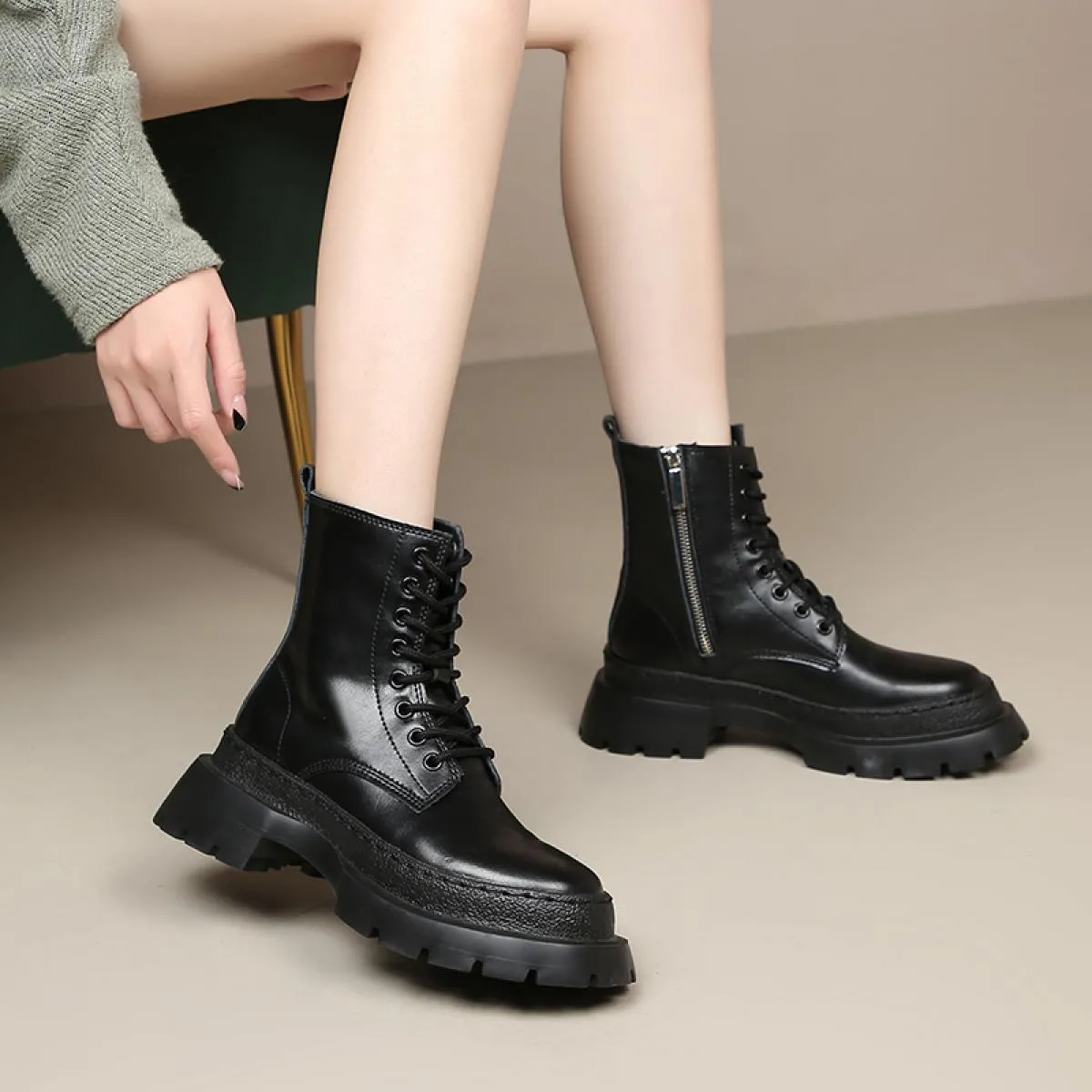 Stivali da moto moda donna stile britannico Scarpe firmate di marca nere Stivale da cowboy con plateau in pelle originale Ank