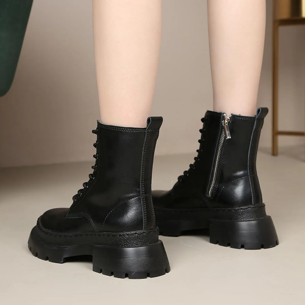 Stivali da moto moda donna stile britannico Scarpe firmate di marca nere Stivale da cowboy con plateau in pelle originale Ank