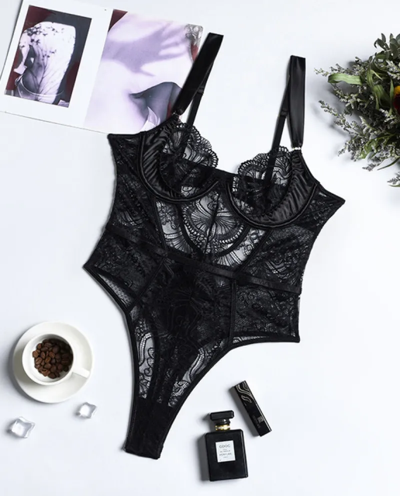 Yimunancy Tuta intera in pizzo con cinturino per spaghetti Tuta attillata da donna Babydoll Teddy Body Body Femmeteddies